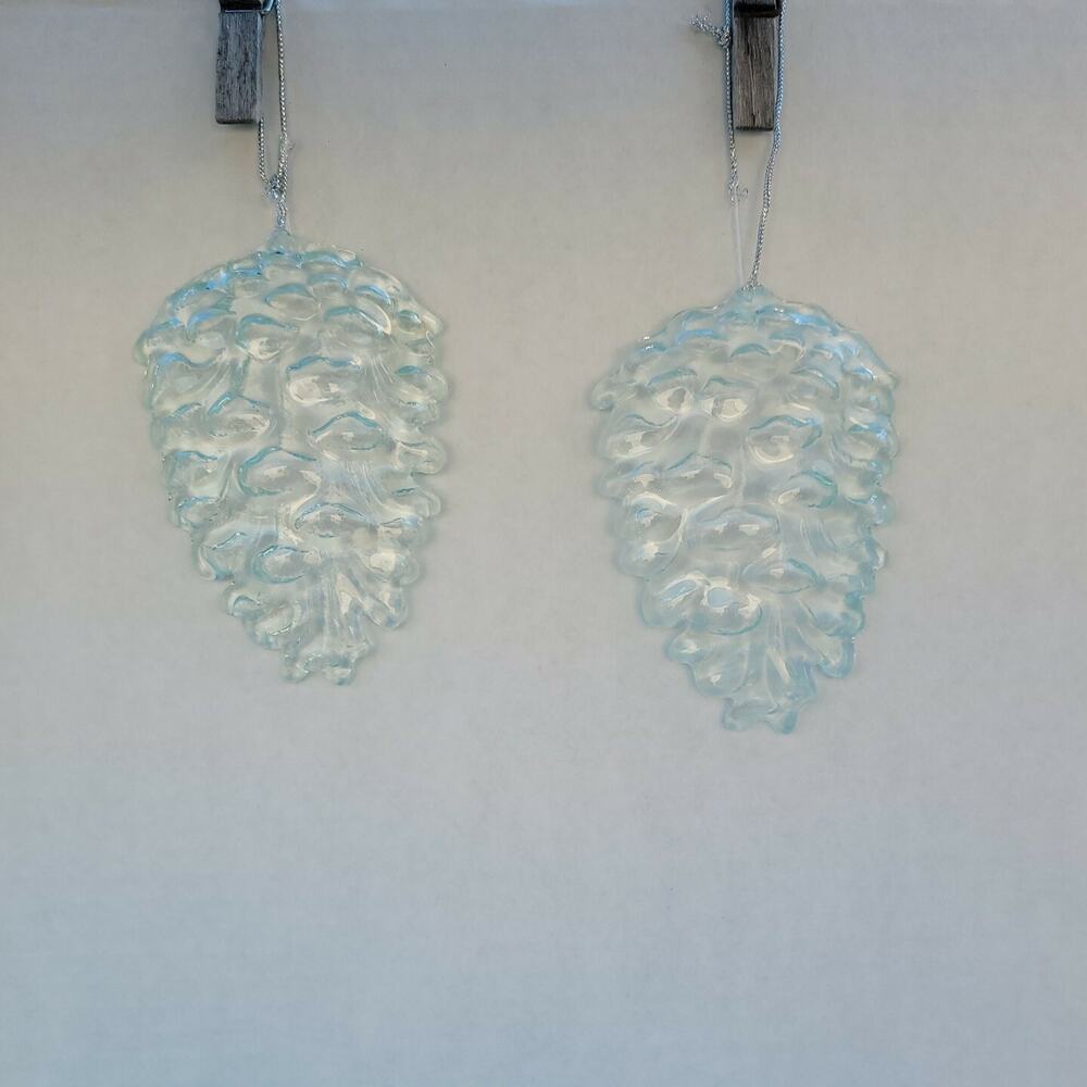Christmas Iced Glass Pinecone Ornament Clear Embossed Pressed Glass 4" set of 2
